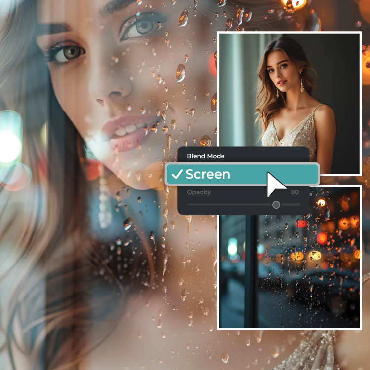 Image editing software interface with bokeh effect through a rainy window.